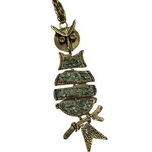 70s Gold Moveable Articulated Owl Necklace Chipped Jade Colored Stones Vintage